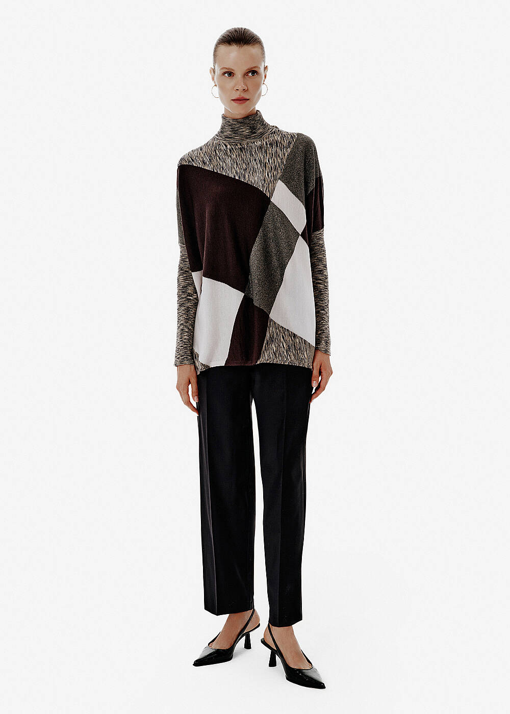 Patchwork-Pattern Batwing-Sleeve Knit Tunic - 2