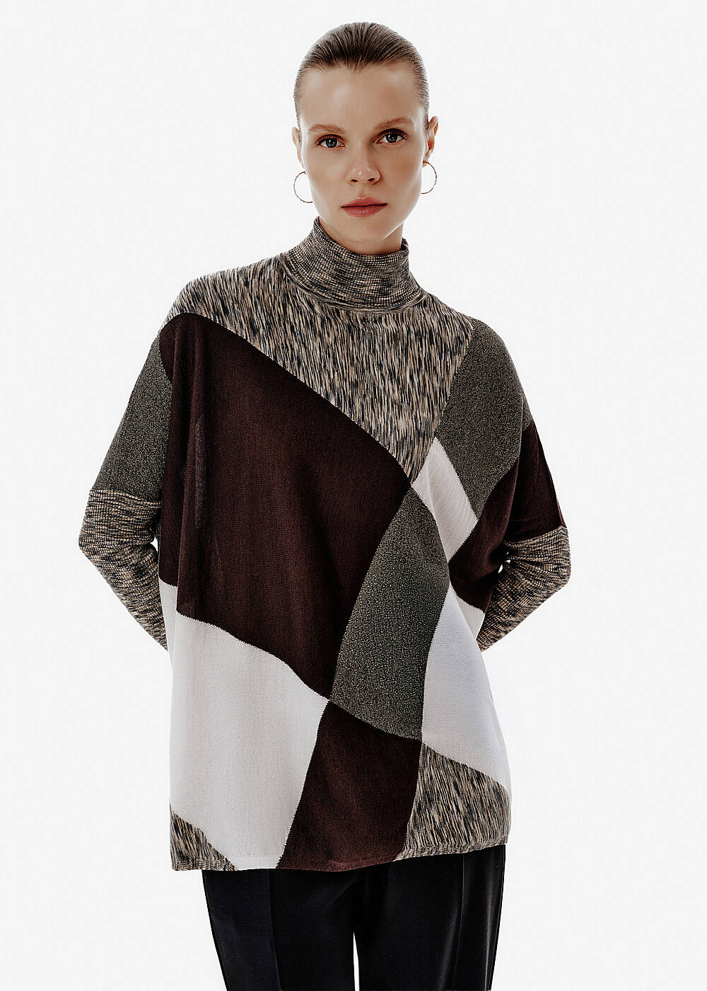 Patchwork-Pattern Batwing-Sleeve Knit Tunic - 1