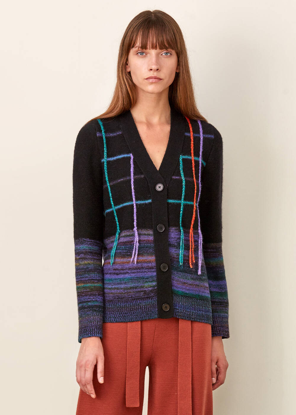 Patterned Black Knıt Wool Cardıgan - 1