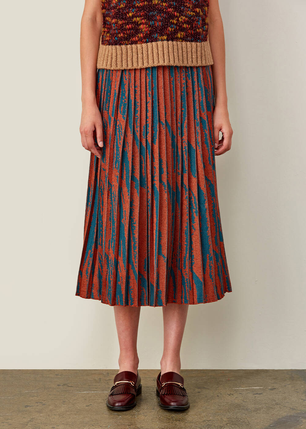 Patterned Cınnamon Pleated Knıt Skırt - 1