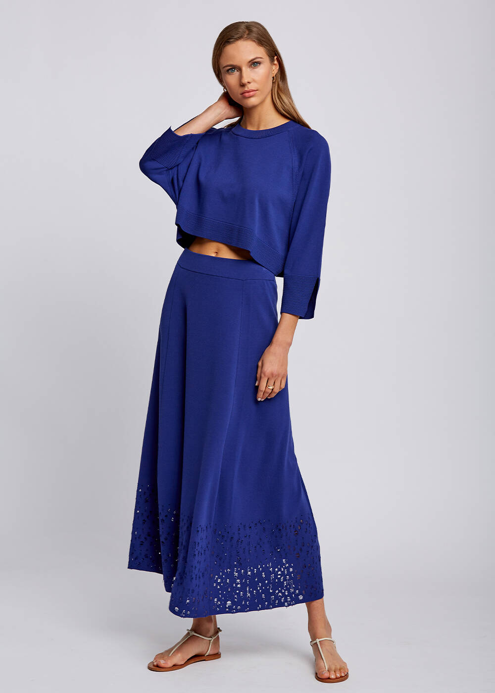 Perforated Hem indigo Midi Knit Skirt - 2