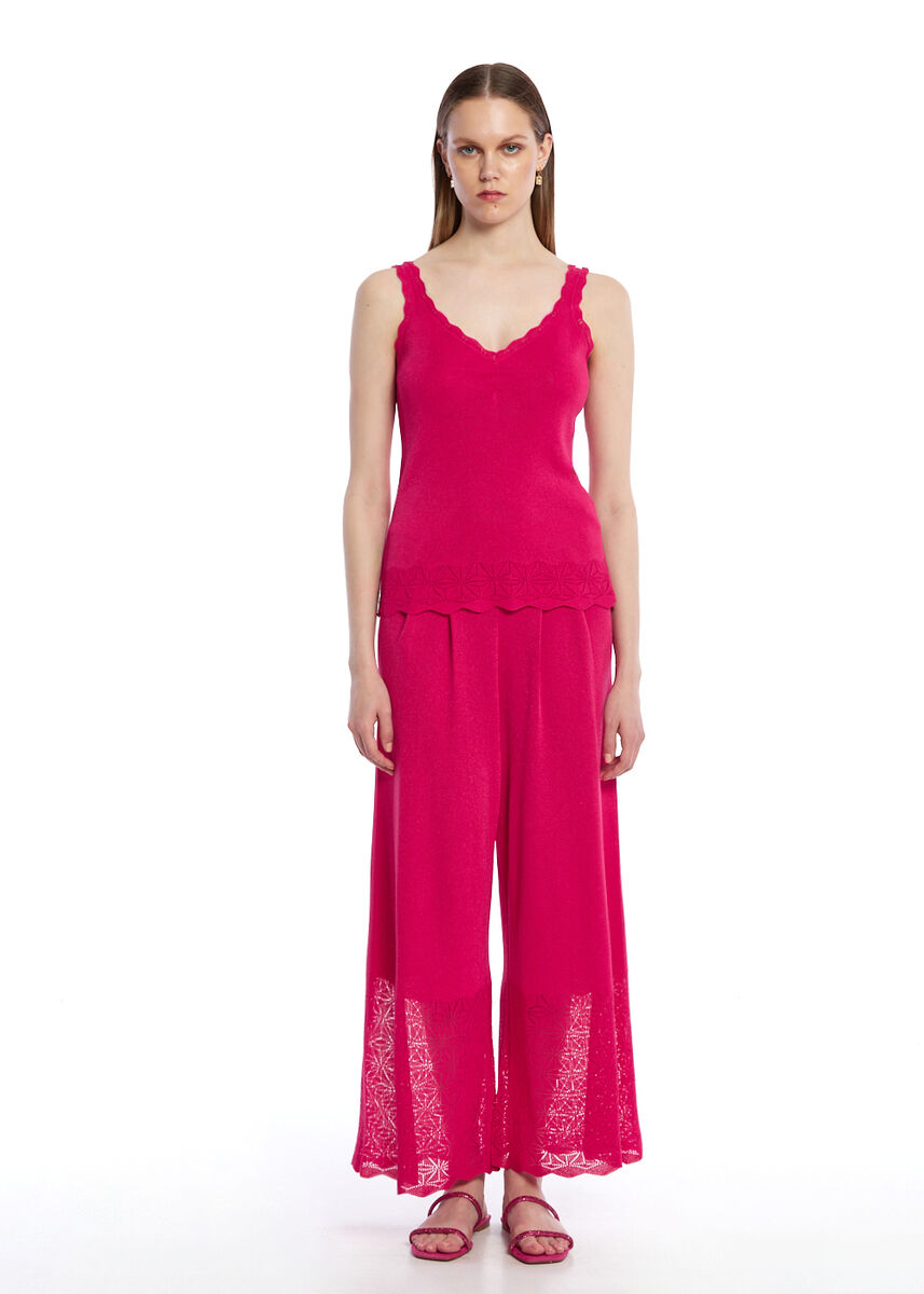 Pile Detaylı Fuşya Triko Pantolon - KNITSS