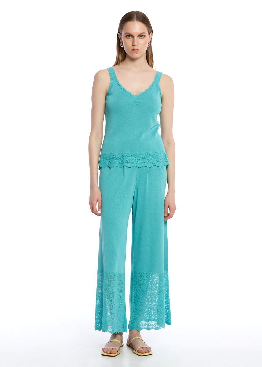 Pile Detaylı Turkuaz Triko Pantolon - KNITSS