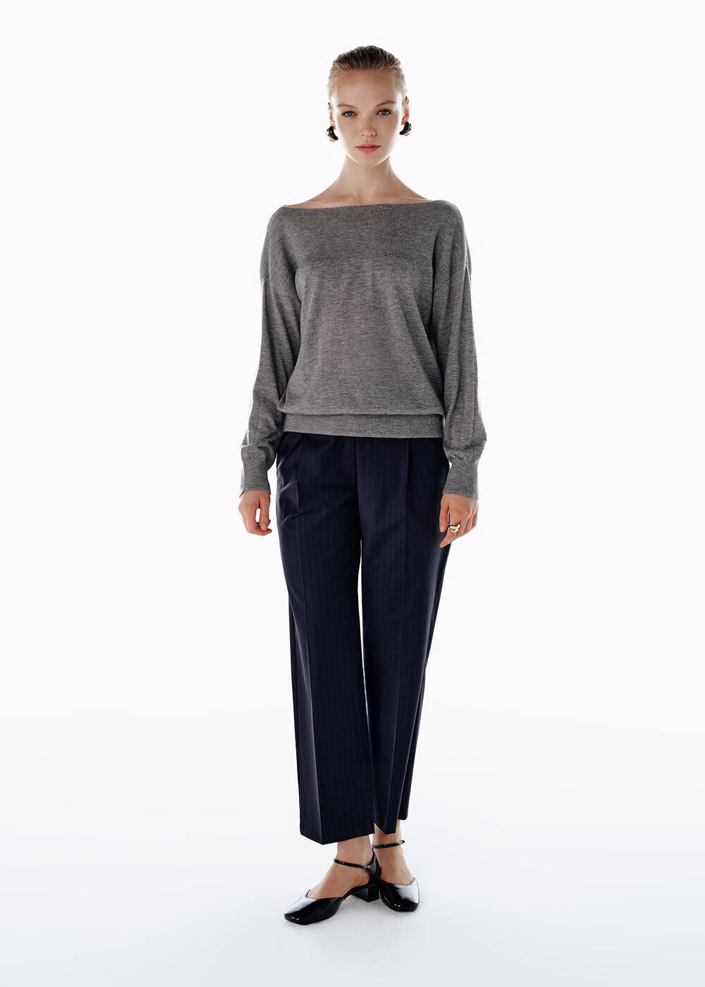PLEATED DETAIL STRIPE WOOL PANTS NAVY - 1