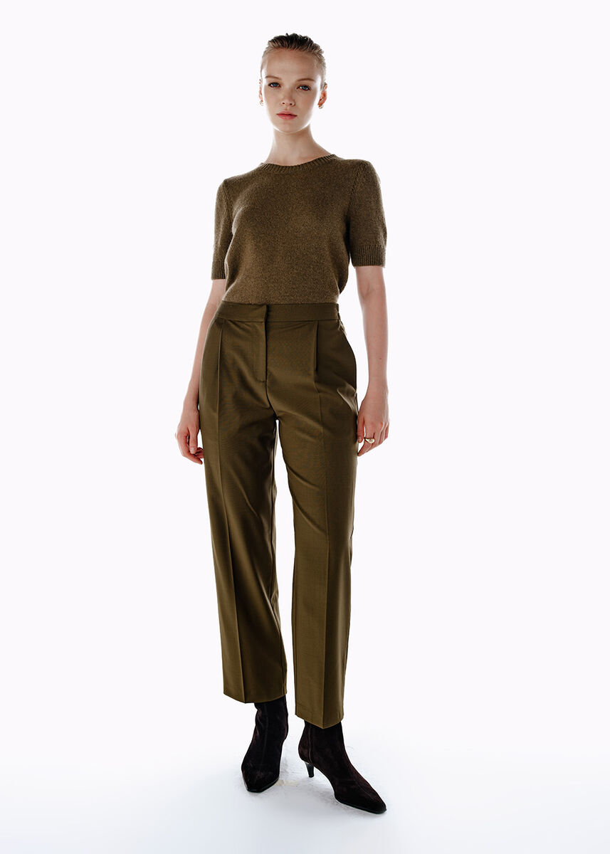 PLEATED DETAIL WOOL PANTS OLIVESTONE - KNITSS