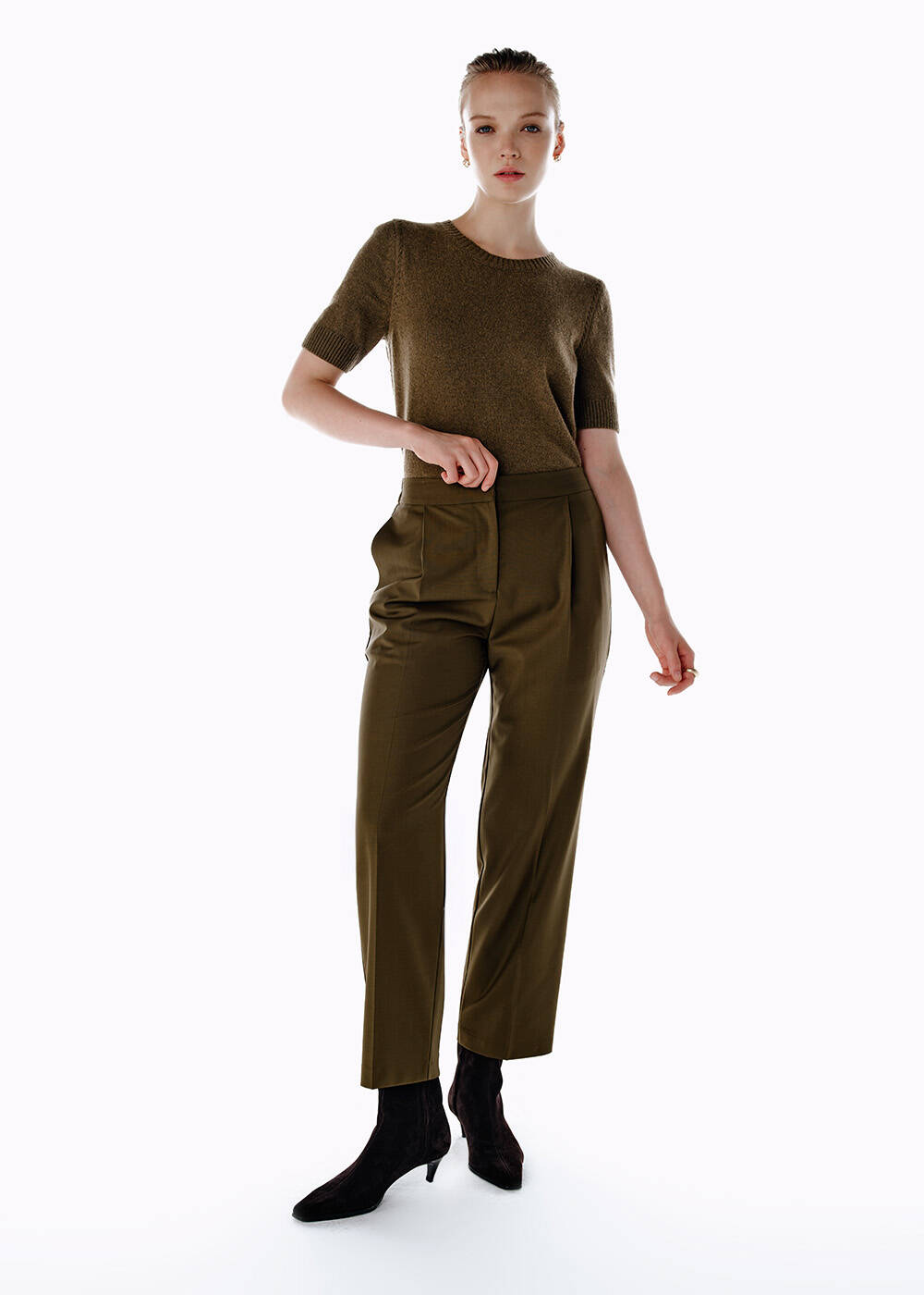 PLEATED DETAIL WOOL PANTS OLIVESTONE - 2