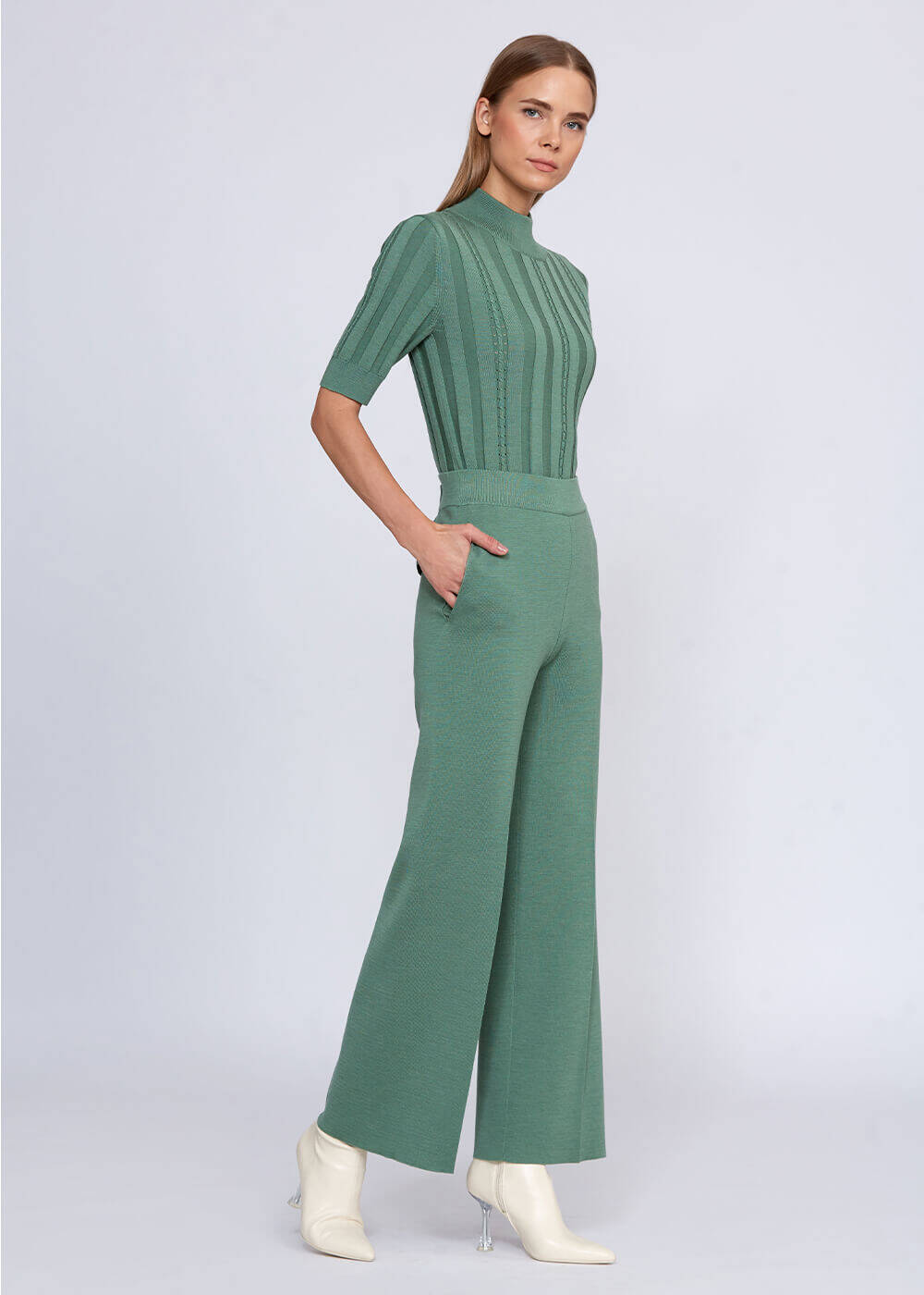 Pocket Detailed Jade Merino Wool Knit Pant - 2