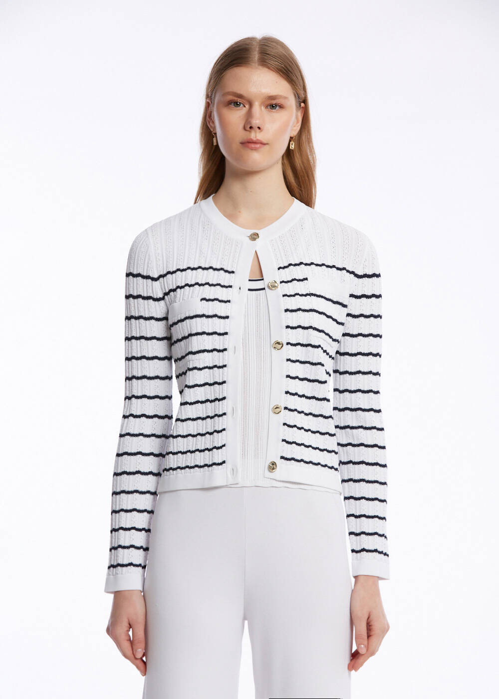 POINTELLA DETAIL WHITE NAVY KNIT CARDIGAN - 1