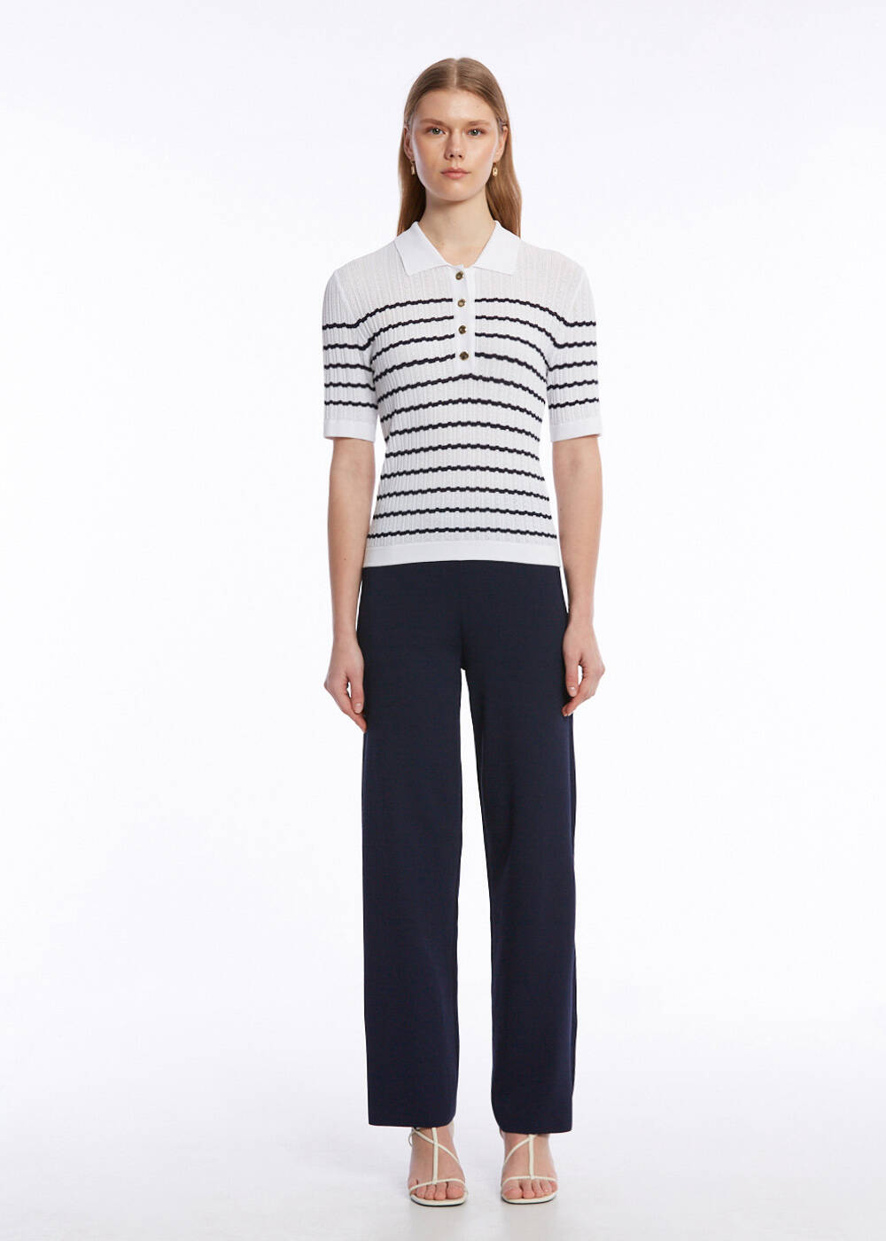 POINTELLA DETAIL WHITE NAVY KNIT TOP - 2