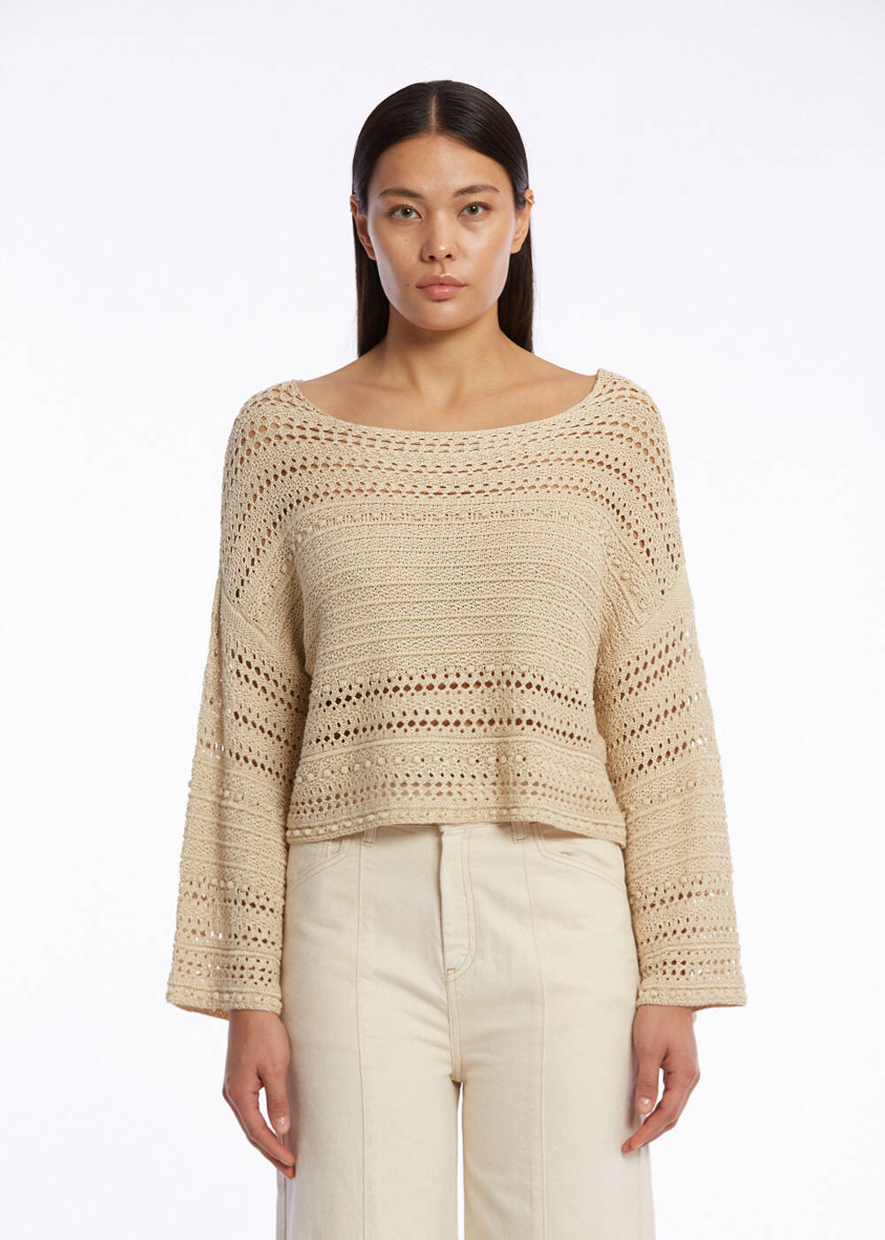 Pointella Detailed Oversize Sand Knit Top | Knitss