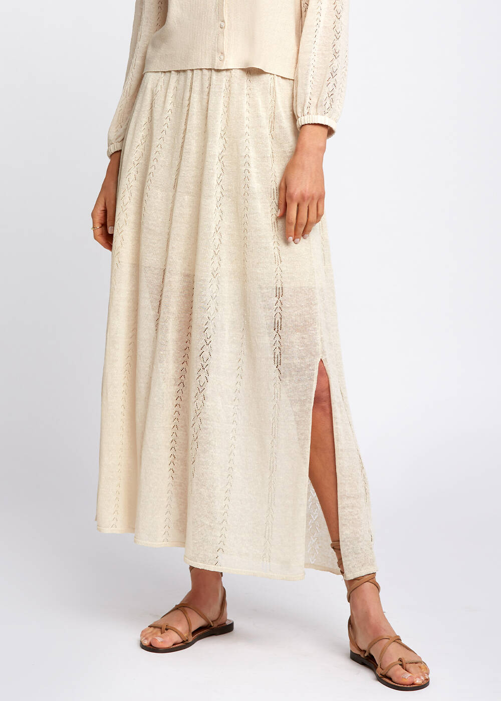 Pointelle Detail Beige Long Knit Skirt With Slit - 1
