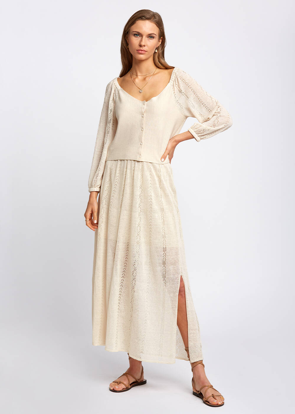 Pointelle Detail Beige Long Knit Skirt With Slit - 2