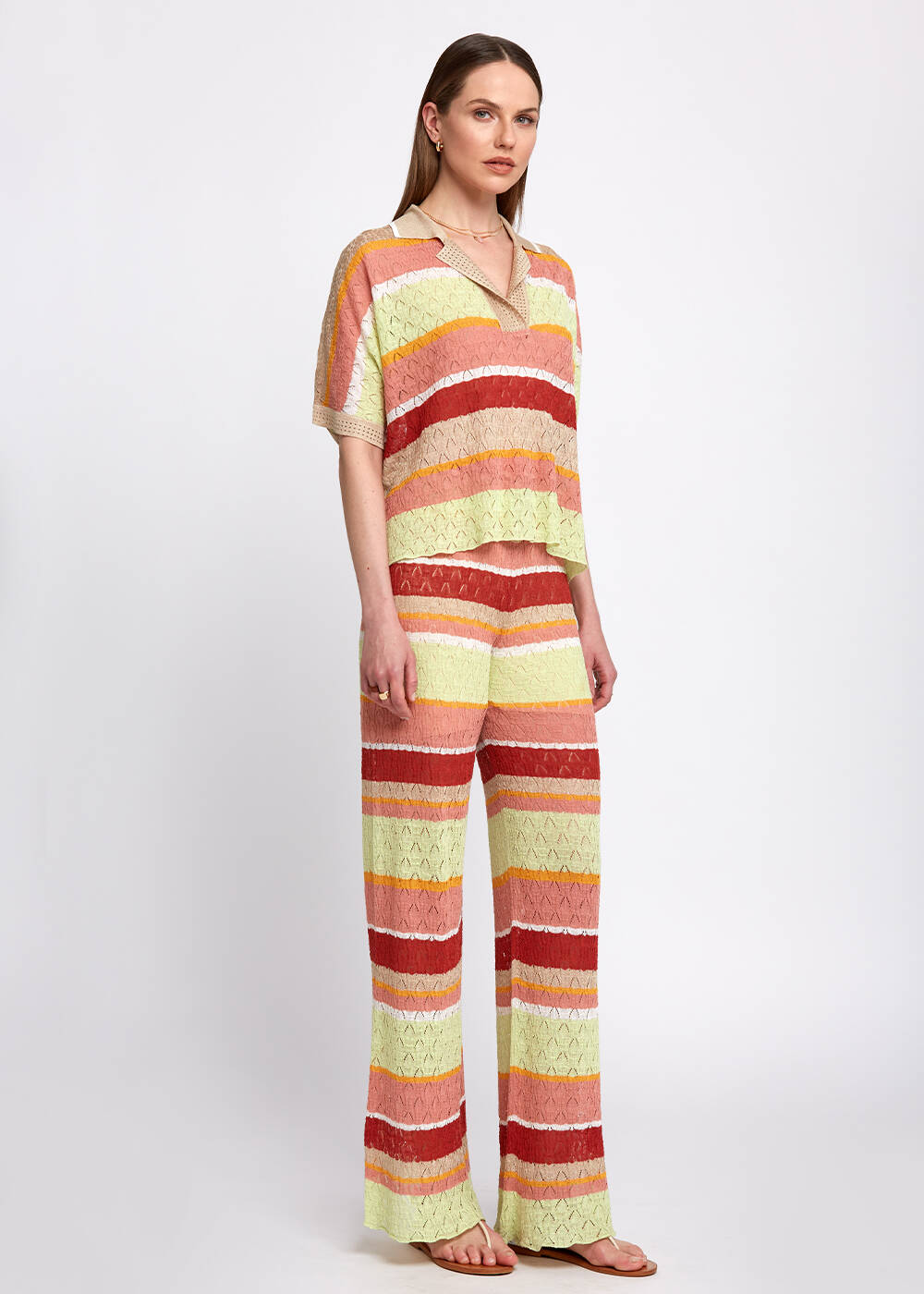 Pointelle Detail Striped Oversıze Knit Top - 2