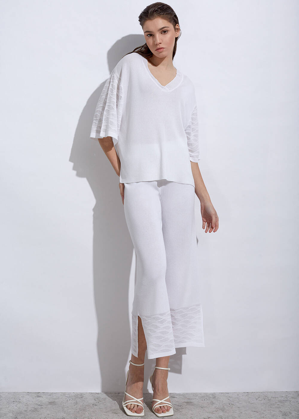 Pointelle Hem Crop White Knit Pants - 2