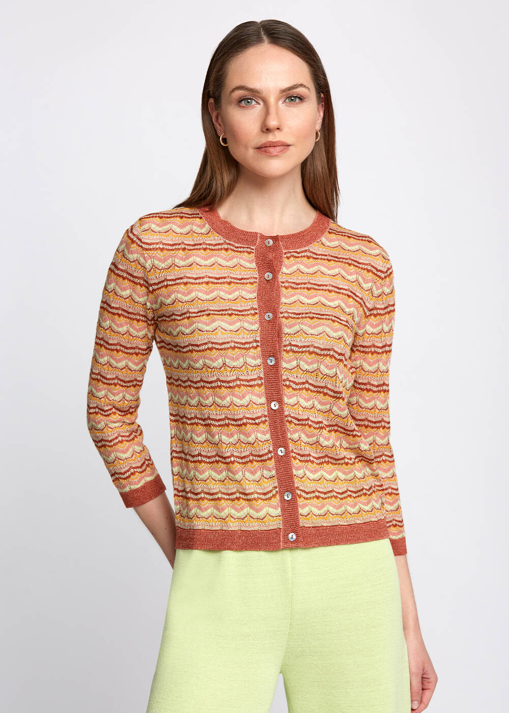 Pointelle Multicolor Crew Neck Knit Cardigan - 1