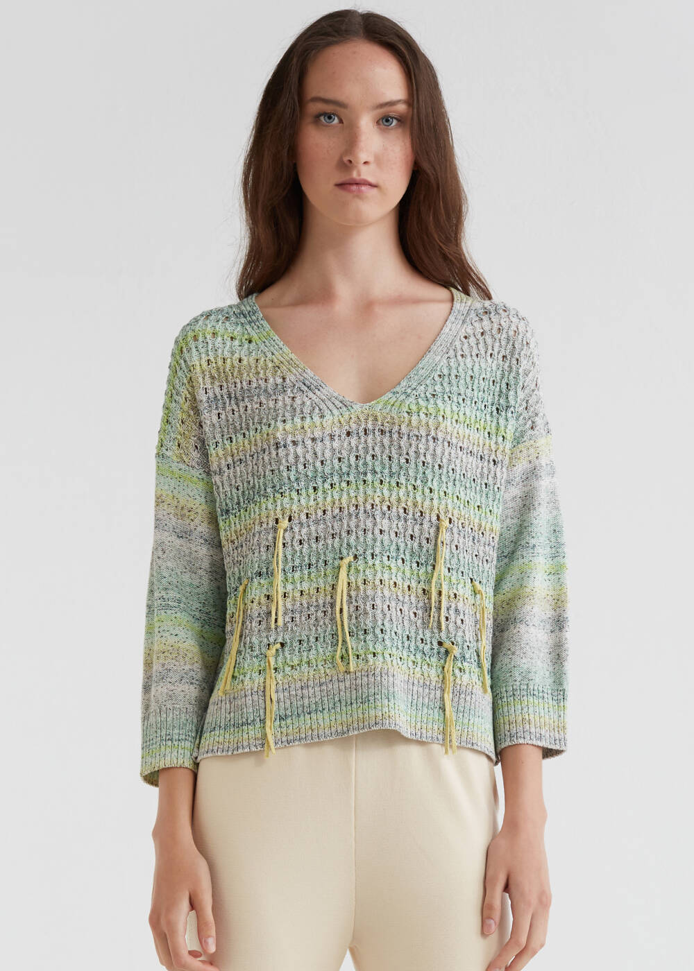 Pointelle Tassel Detailed Mint Knit Sweater - 1