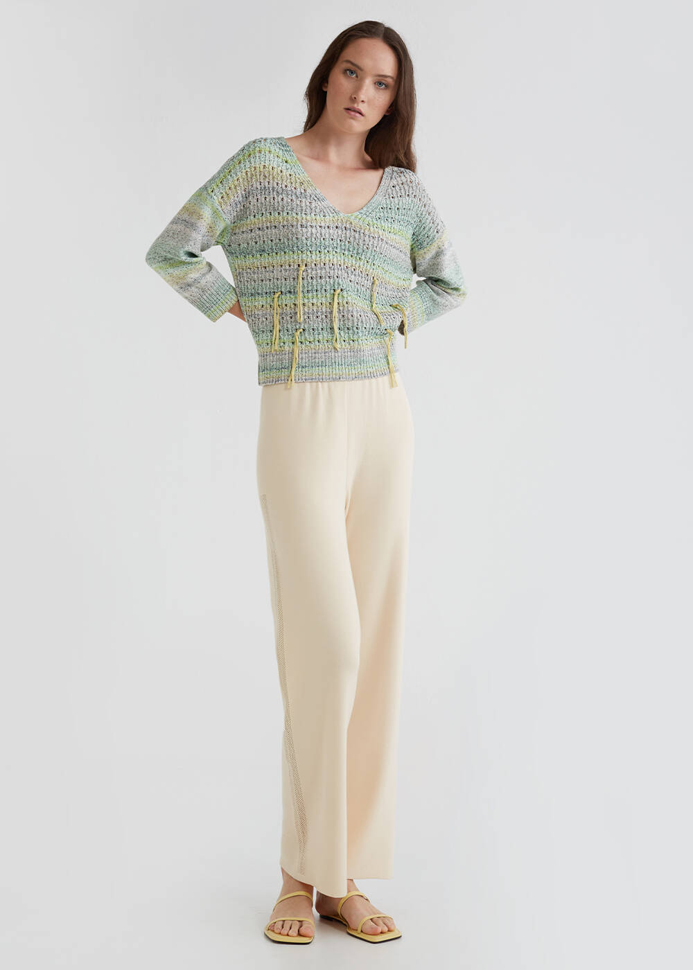 Pointelle Tassel Detailed Mint Knit Sweater - 2