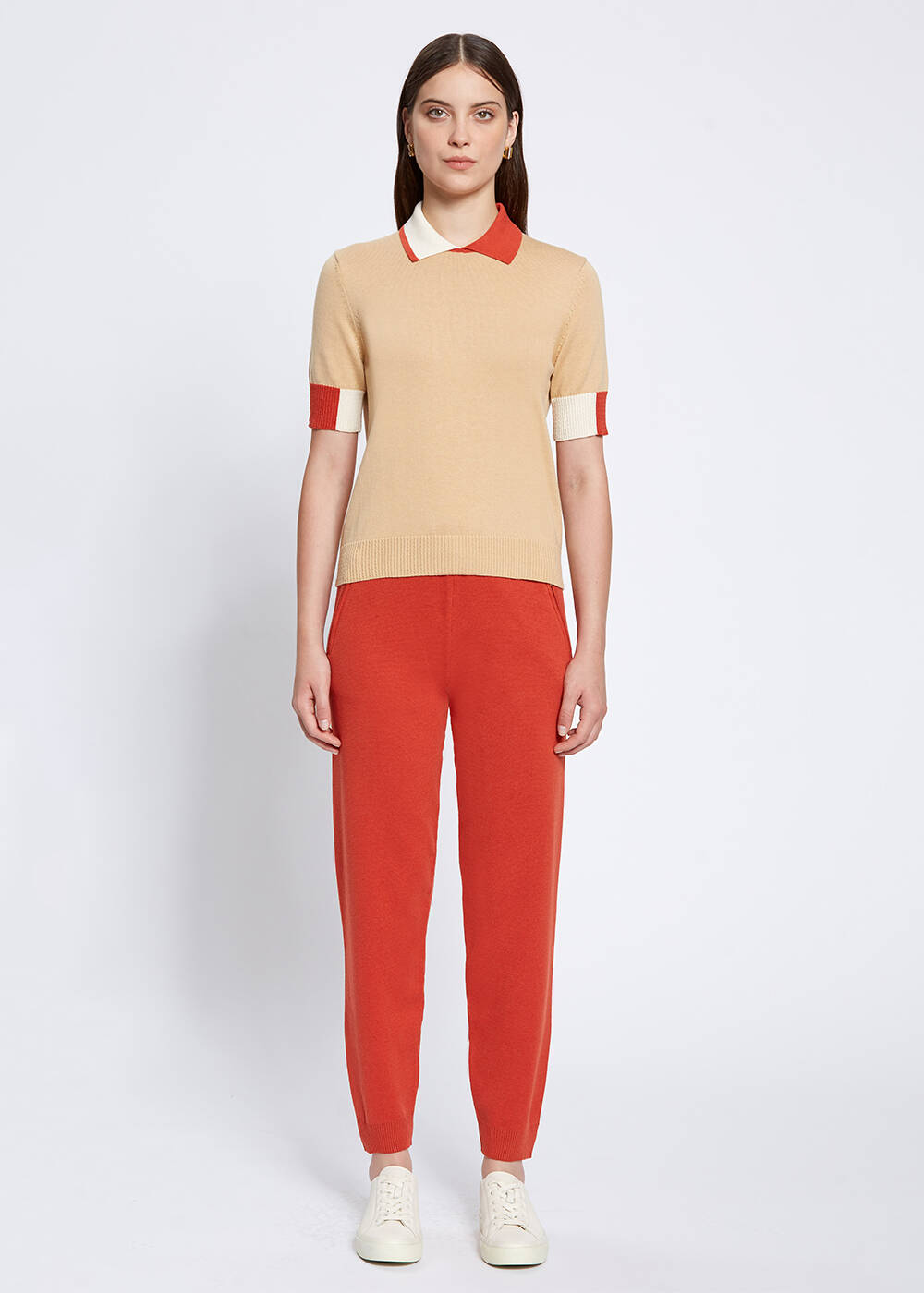 Polo Neck Contrast Detailed Camel Knit Top - 2