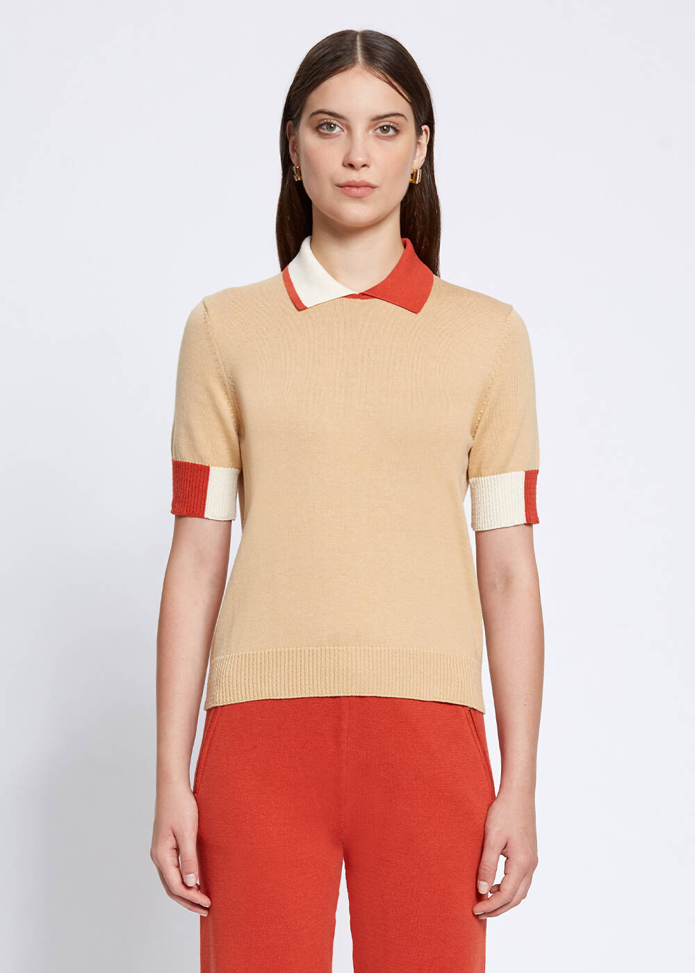 Polo Neck Contrast Detailed Camel Knit Top - 1
