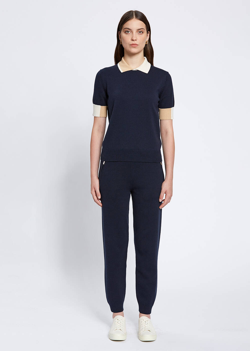 Polo Neck Contrast Detailed Navt Knit Top - 2
