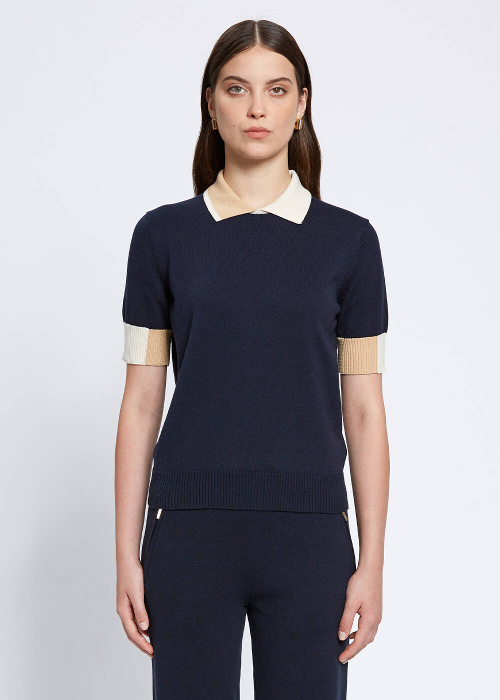Polo Neck Contrast Detailed Navt Knit Top - 1