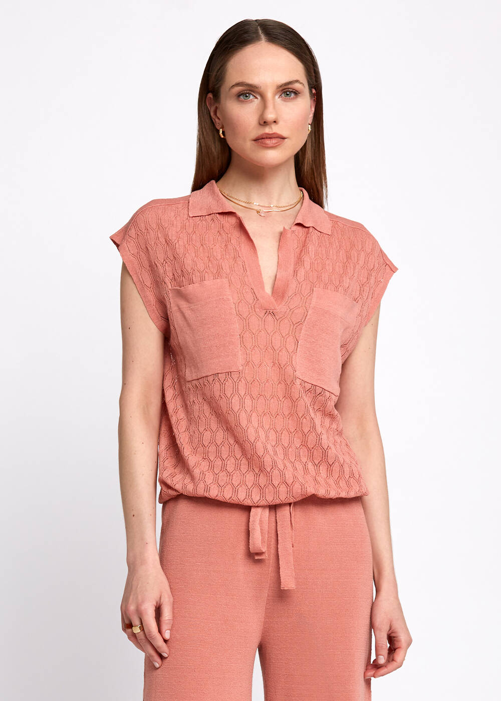 Polo Neck Drawstring Pocket Detail Rose Knit Shirt - 1