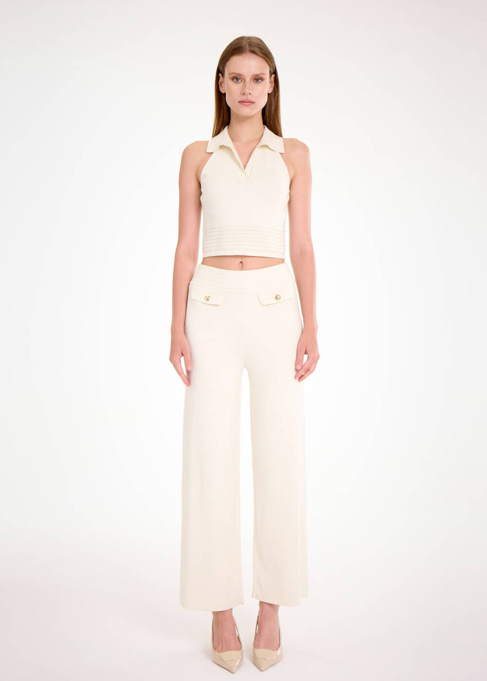 POLO NECK ECRU CROP KNIT TOP - 2