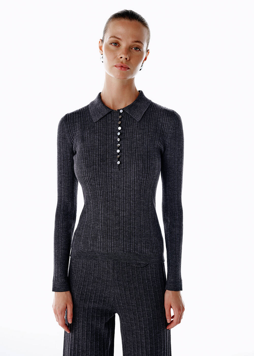 POLO NECK MERINO WOOL RICH BLEND KNIT TOP DARK GREY - 1