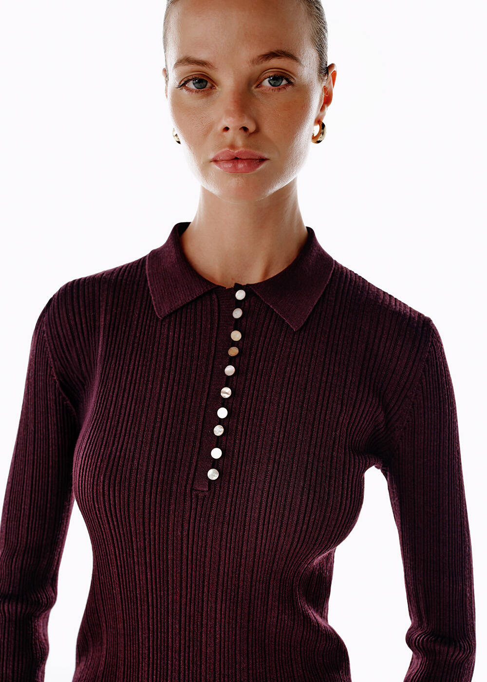 POLO NECK MERINO WOOL RICH BLEND KNIT TOP PLUM - 1