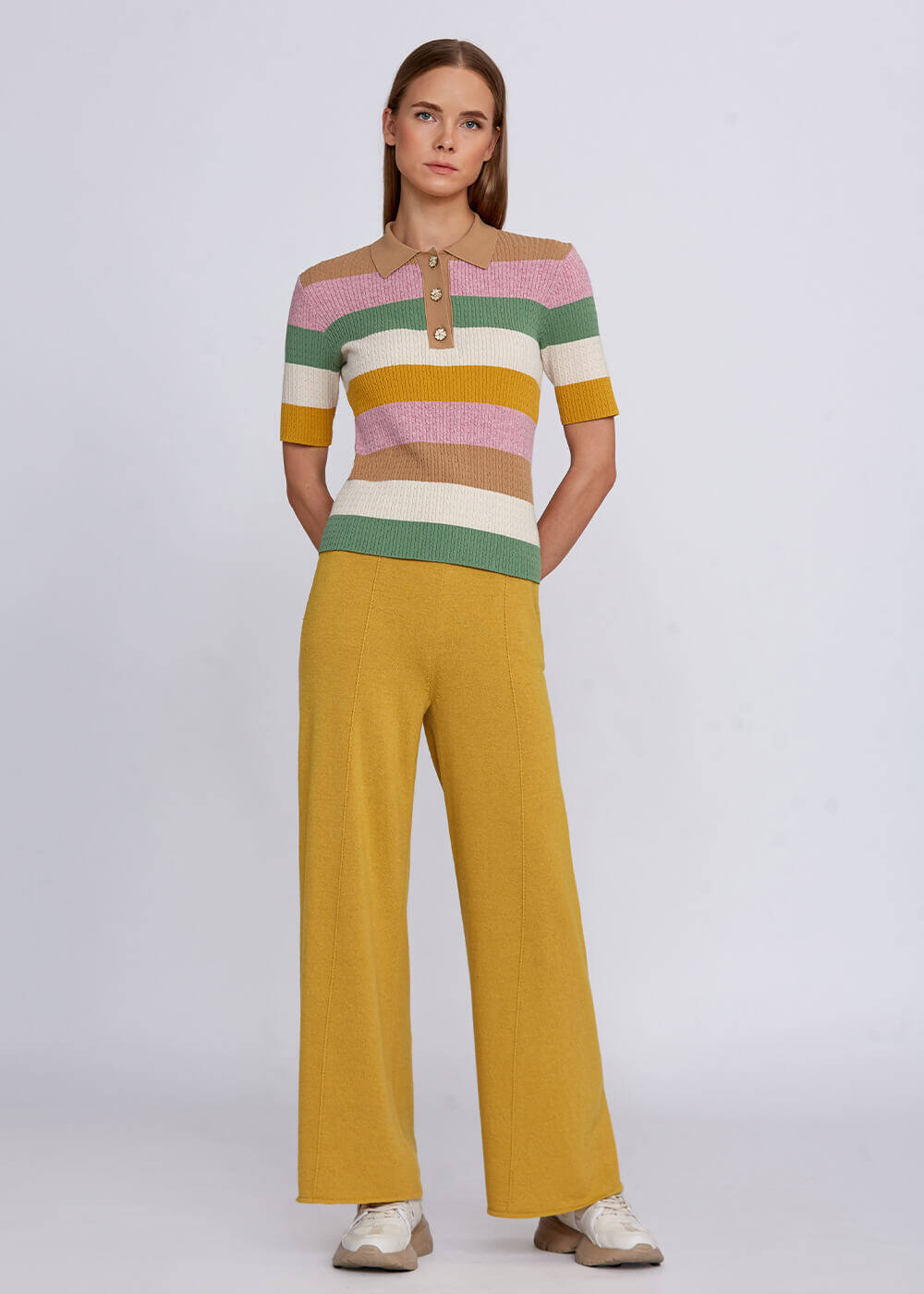 Polo Neck Multicolor Knit Top - 2