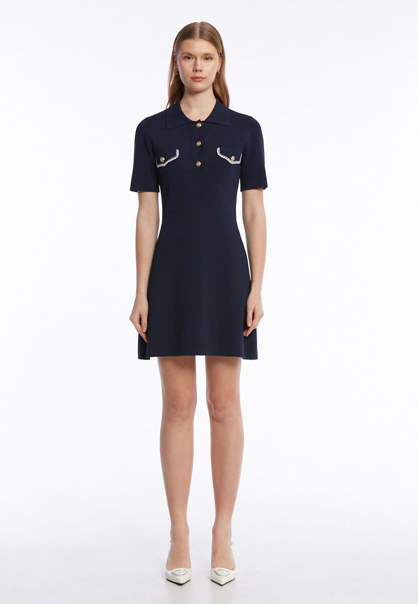 POLO NECK NAVY KNIT DRESS - KNITSS