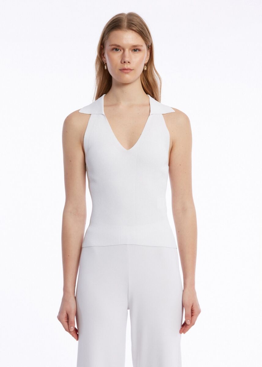 POLO NECK WHITE KNIT TOP - KNITSS
