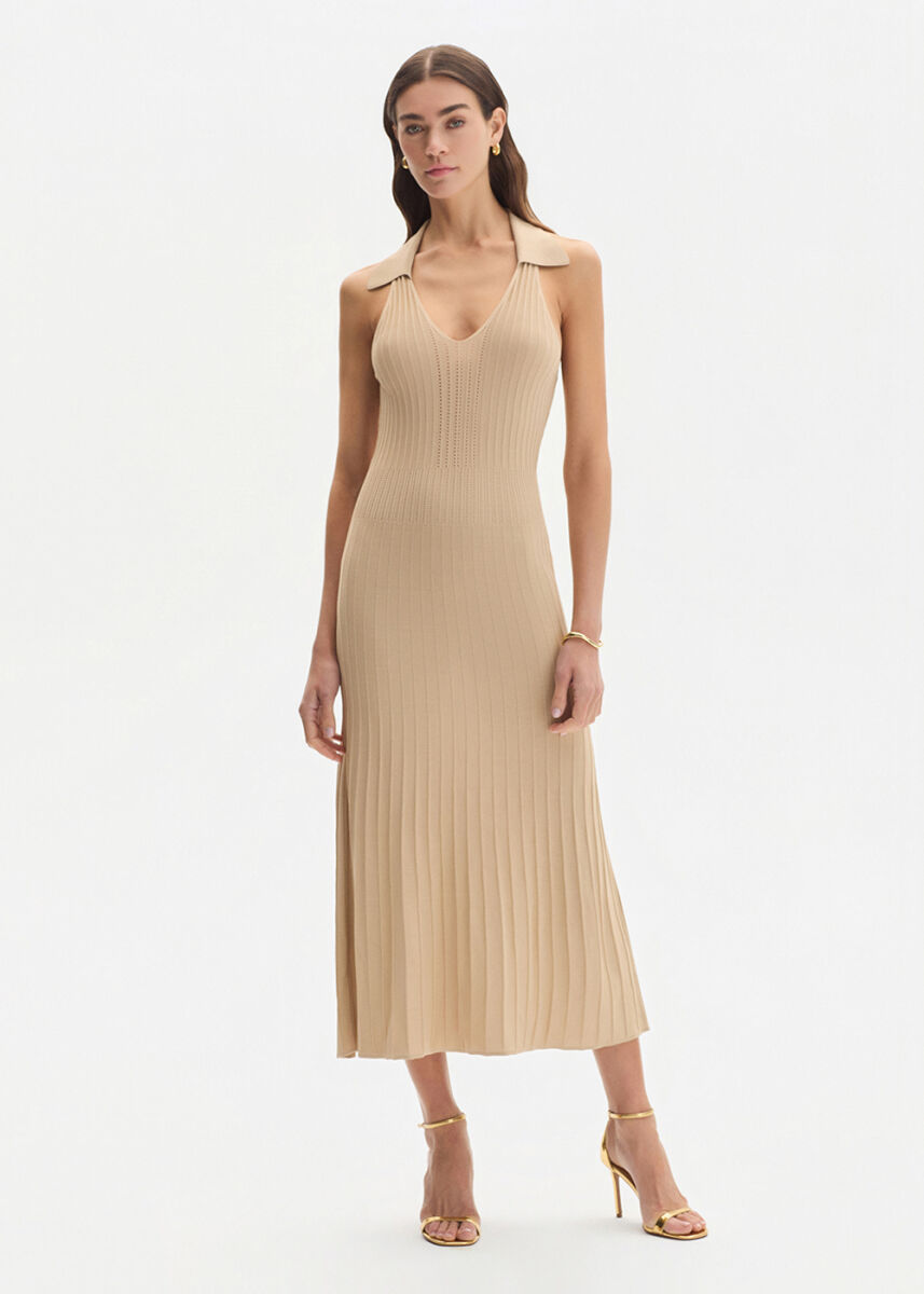 Polo Yaka Bej Triko Elbise - KNITSS