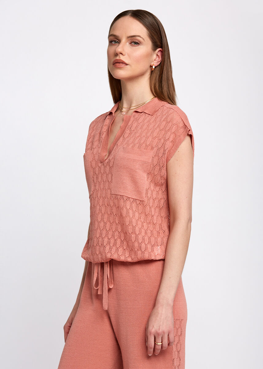 Polo Yaka Beli Bağcıklı Cep Detaylı Rose Triko Üst · 7