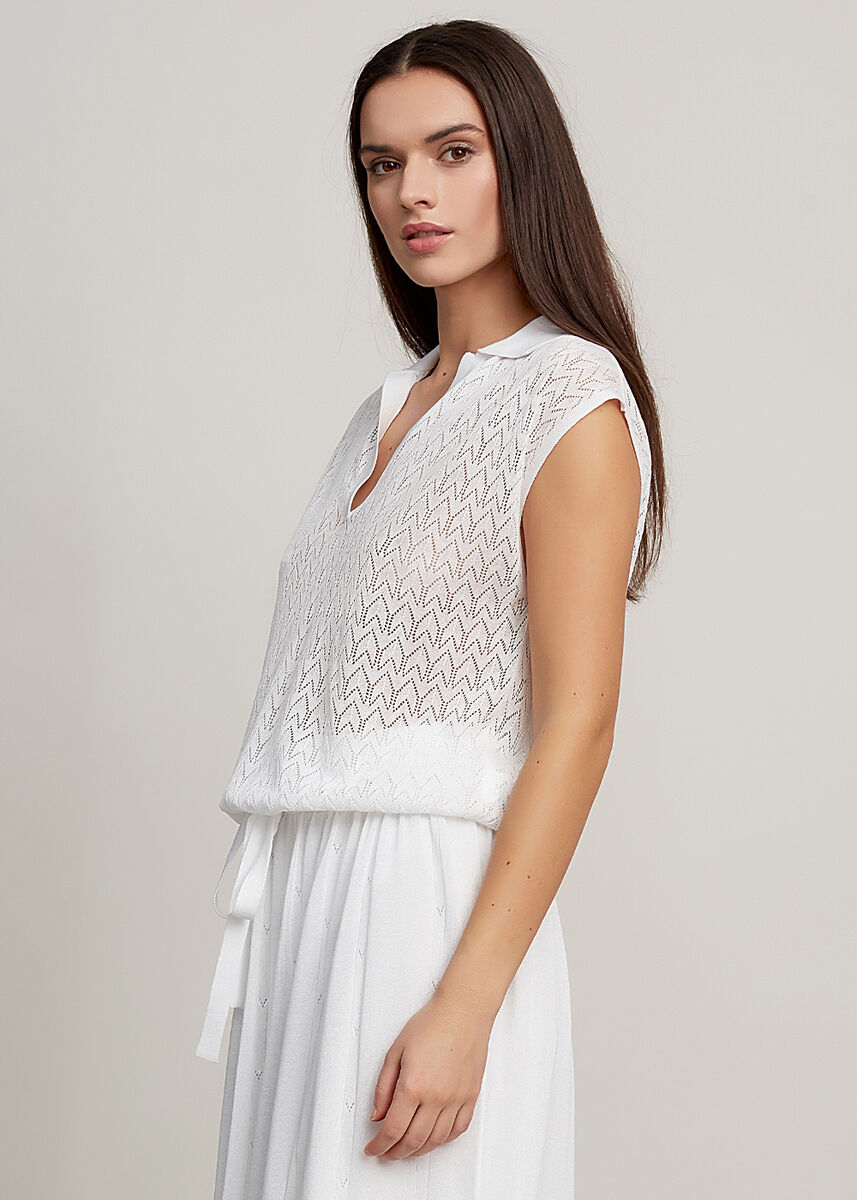 Polo Yaka Beli Bağcıklı Beyaz Triko Üst · 4