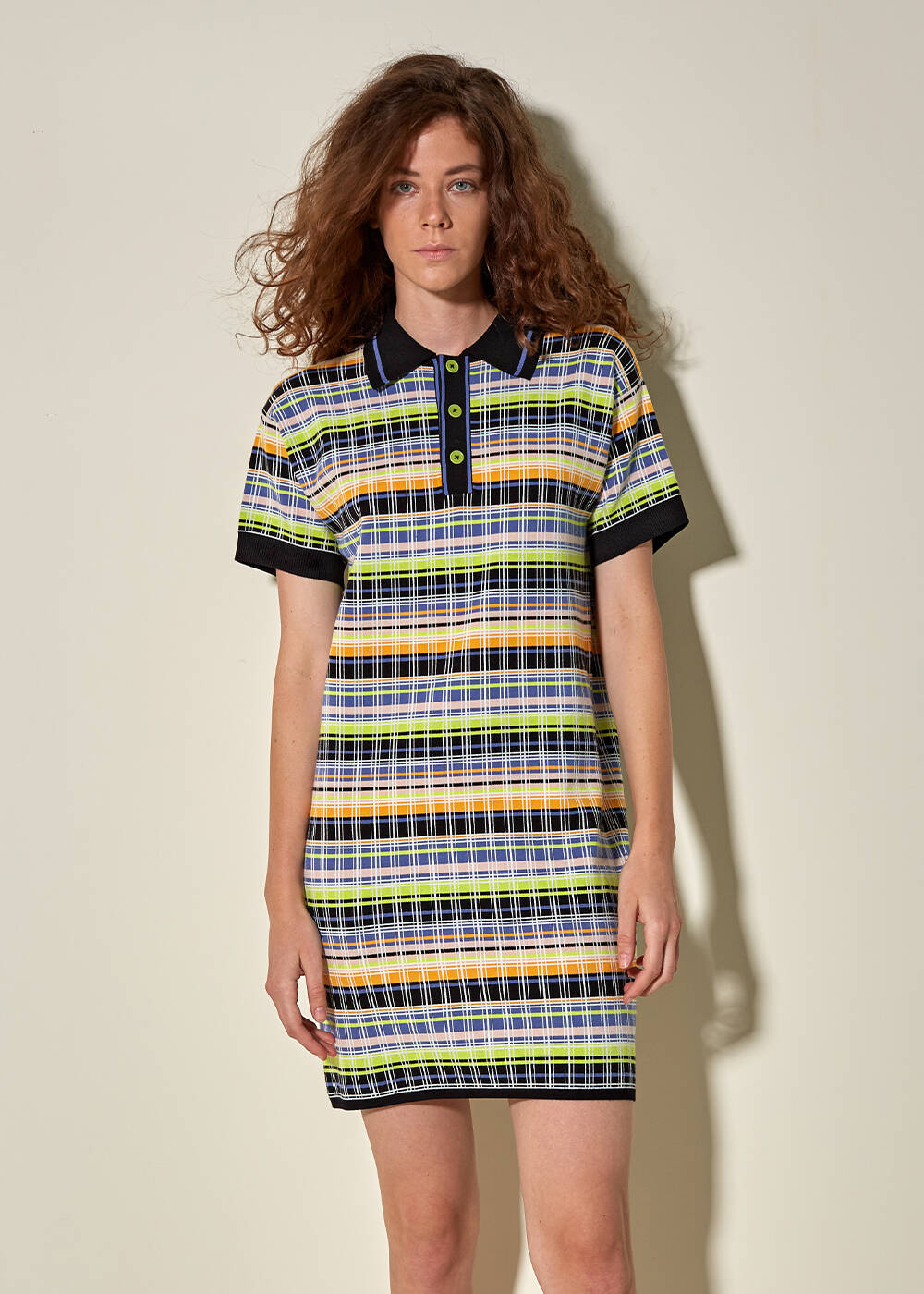 Polo Yaka Çizgi Desen Mini Triko Elbise - 1