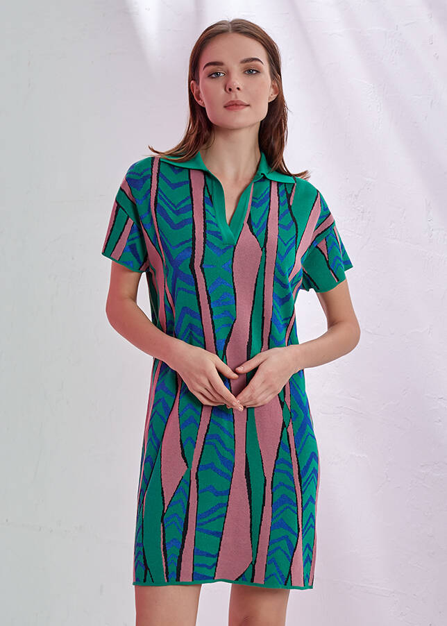 Desenlı Polo Yaka Triko Elbise - 1
