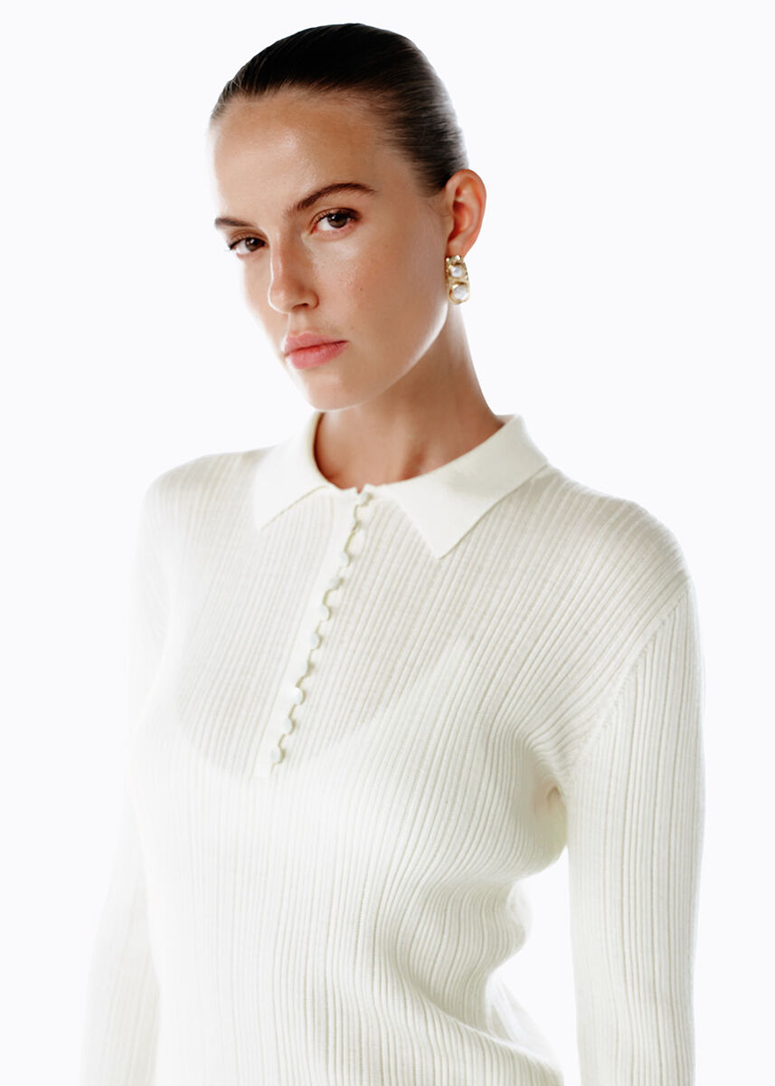 Polo Yaka Extrafıne Merino Yün Karışımlı Triko Ekru - KNITSS