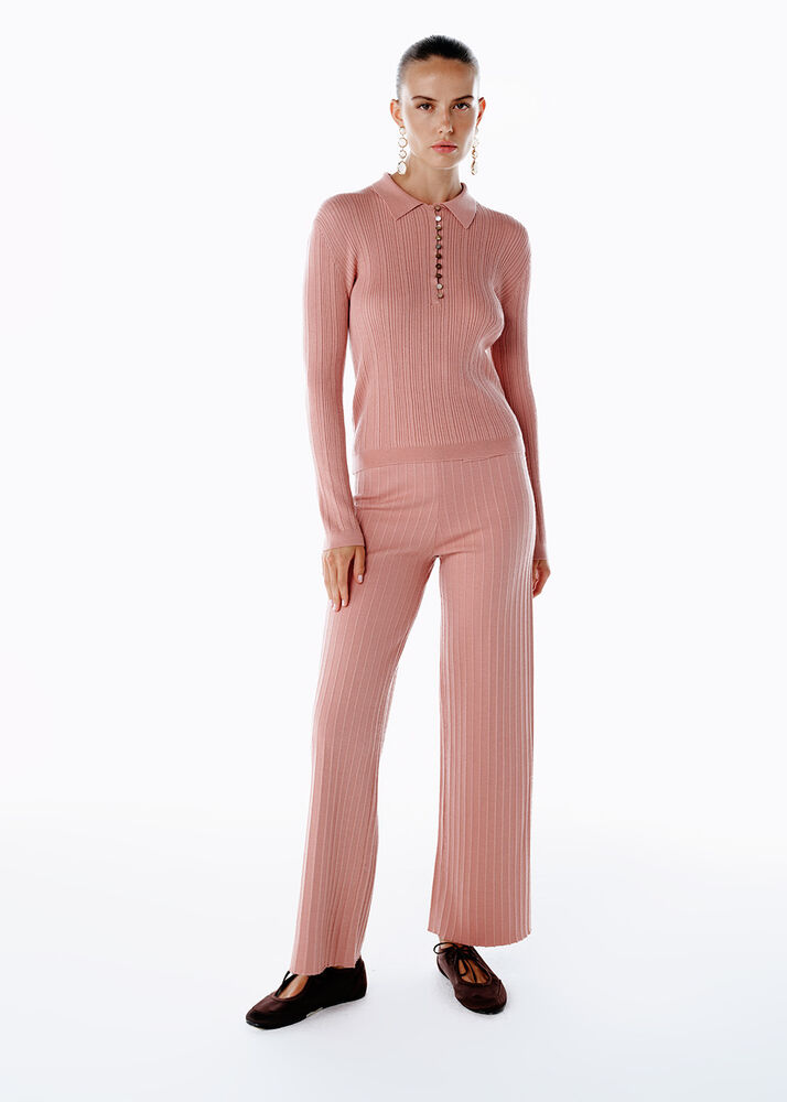 Polo Yaka Extrafıne Merino Yün Karışımlı Triko Pembe - KNITSS (1)