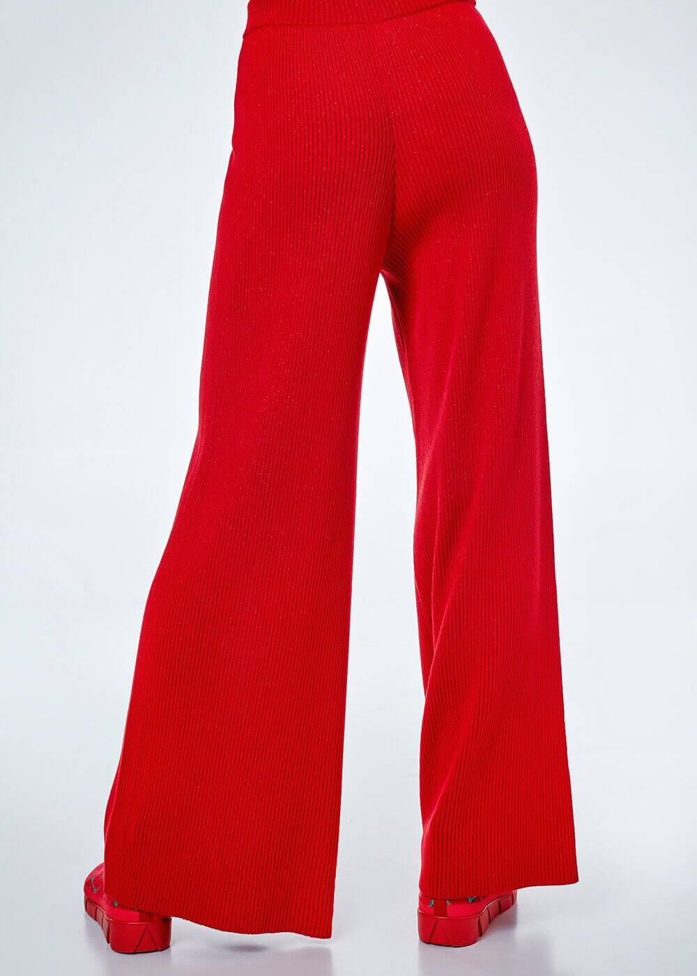 Red Ribbed Lurex Knit Pants - 2