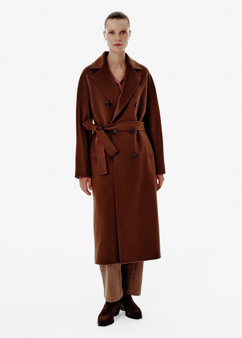 Regular-Fit Belted Double-Breasted Brown Coat - 2