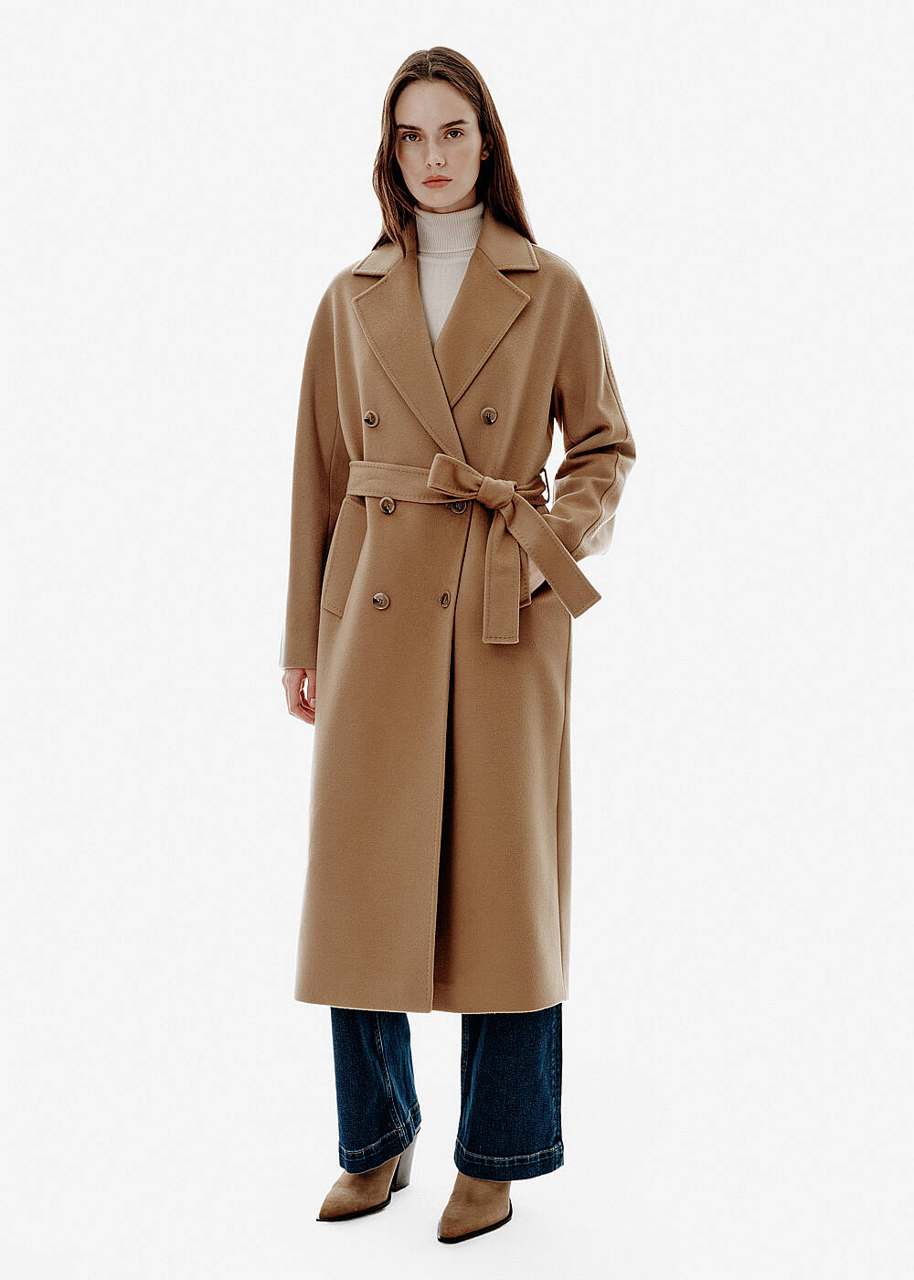 Regular-Fit Belted Double-Breasted Camel Coat - 1