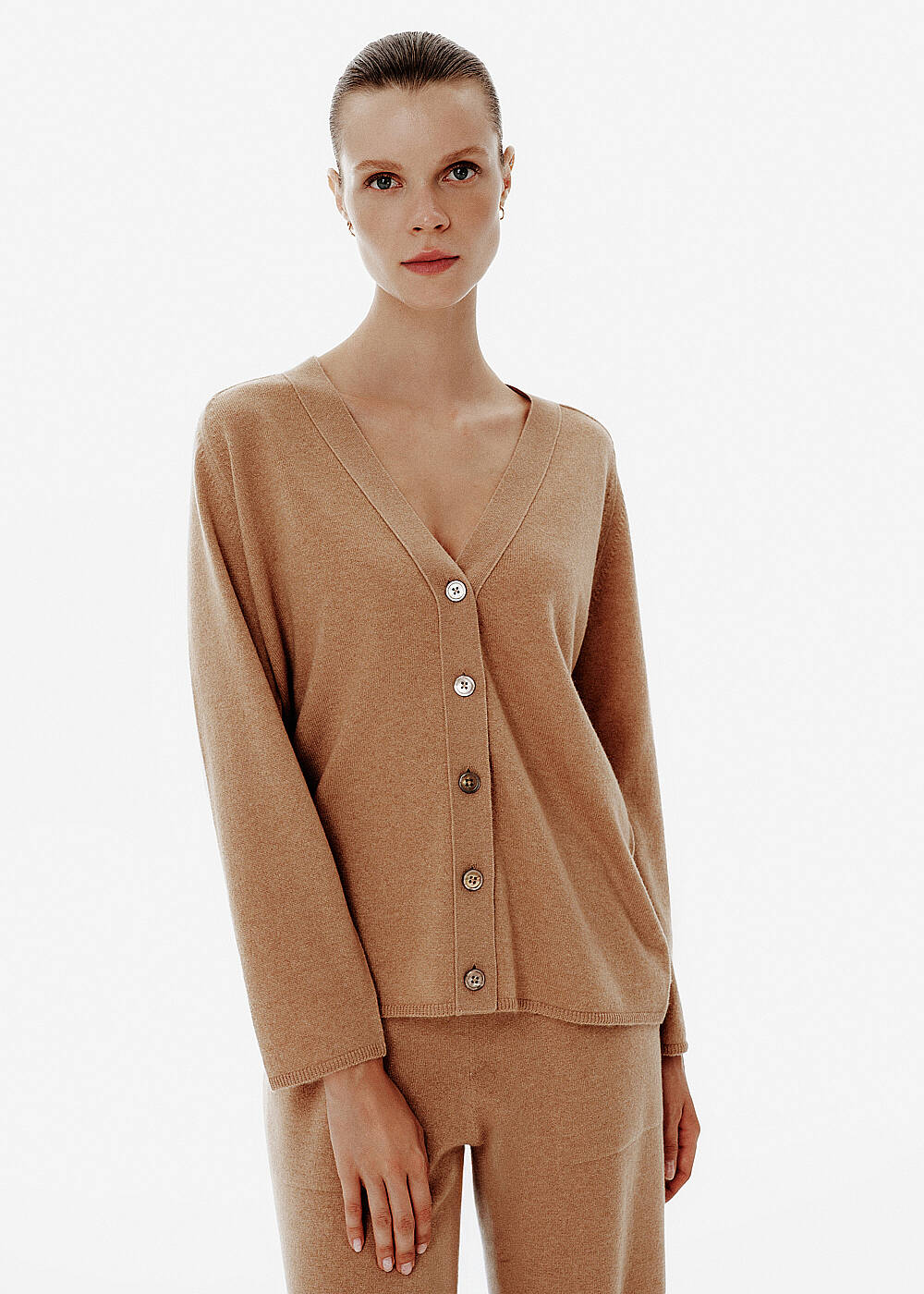 Regular Fit V-Neck Toffee Long Cashmere Cardigan - 1