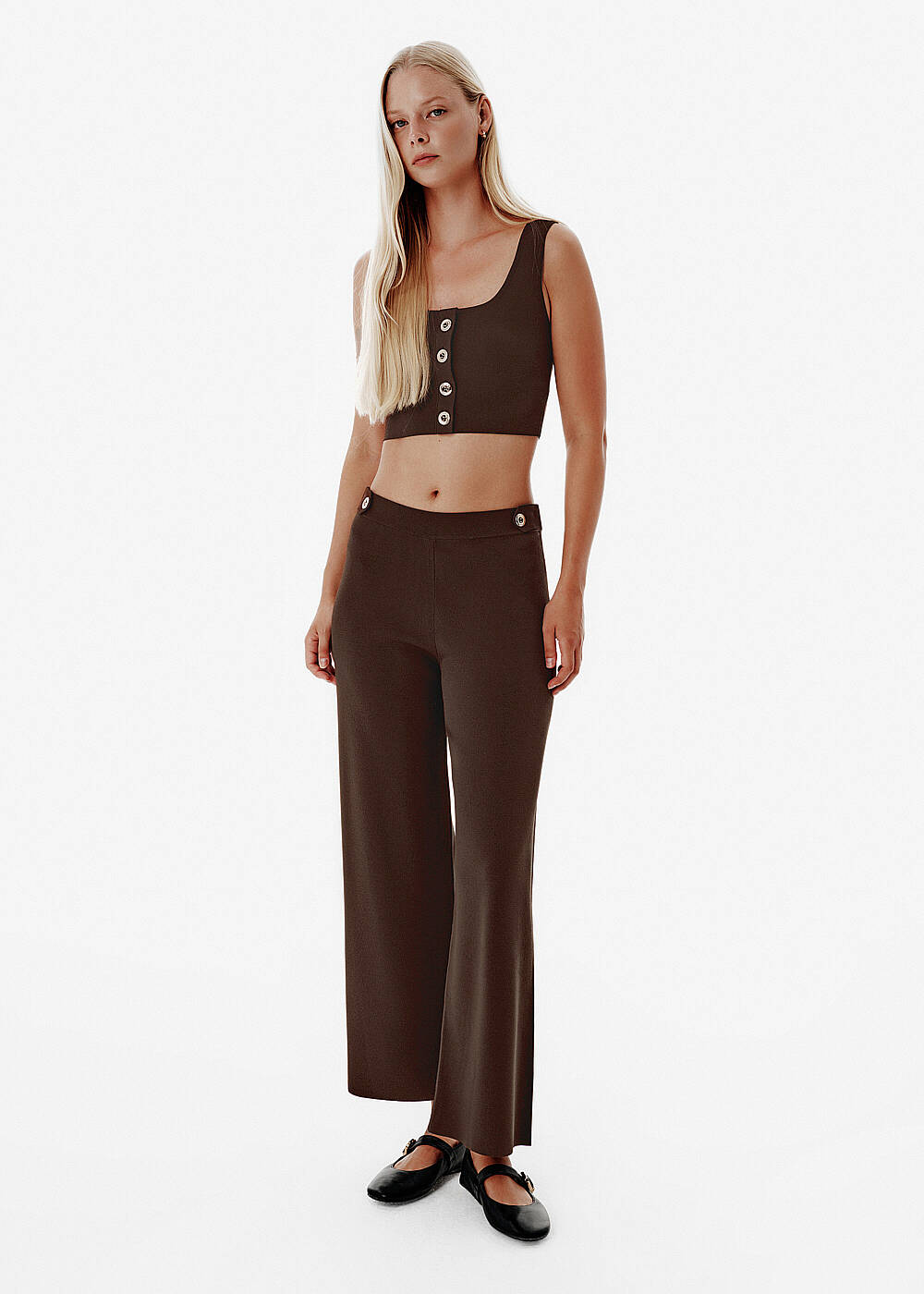 Relax Fit Apolet Düğme Detay Kahverengi Triko Pantolon - 1