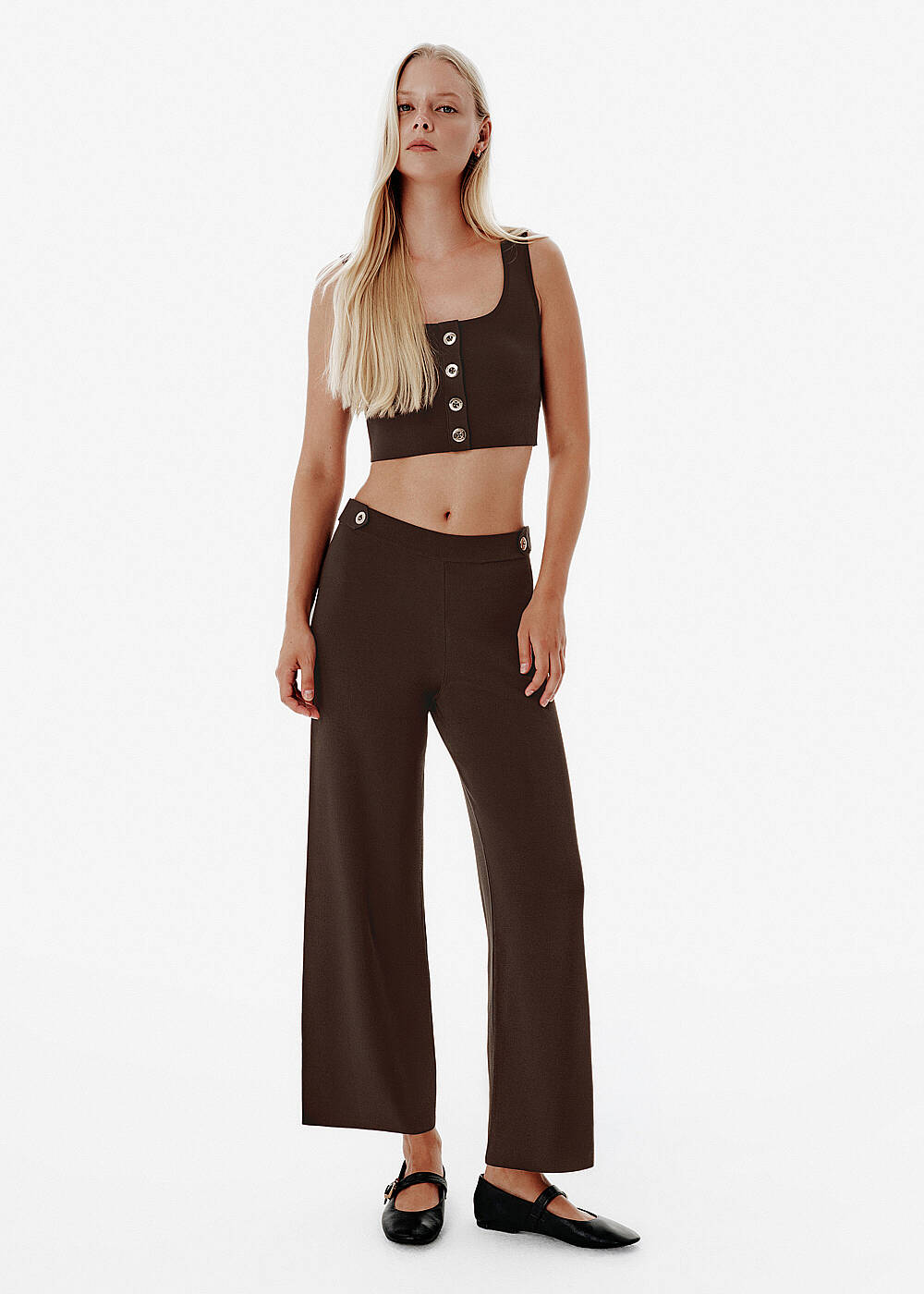 Relax Fit Apolet Düğme Detay Kahverengi Triko Pantolon - 2