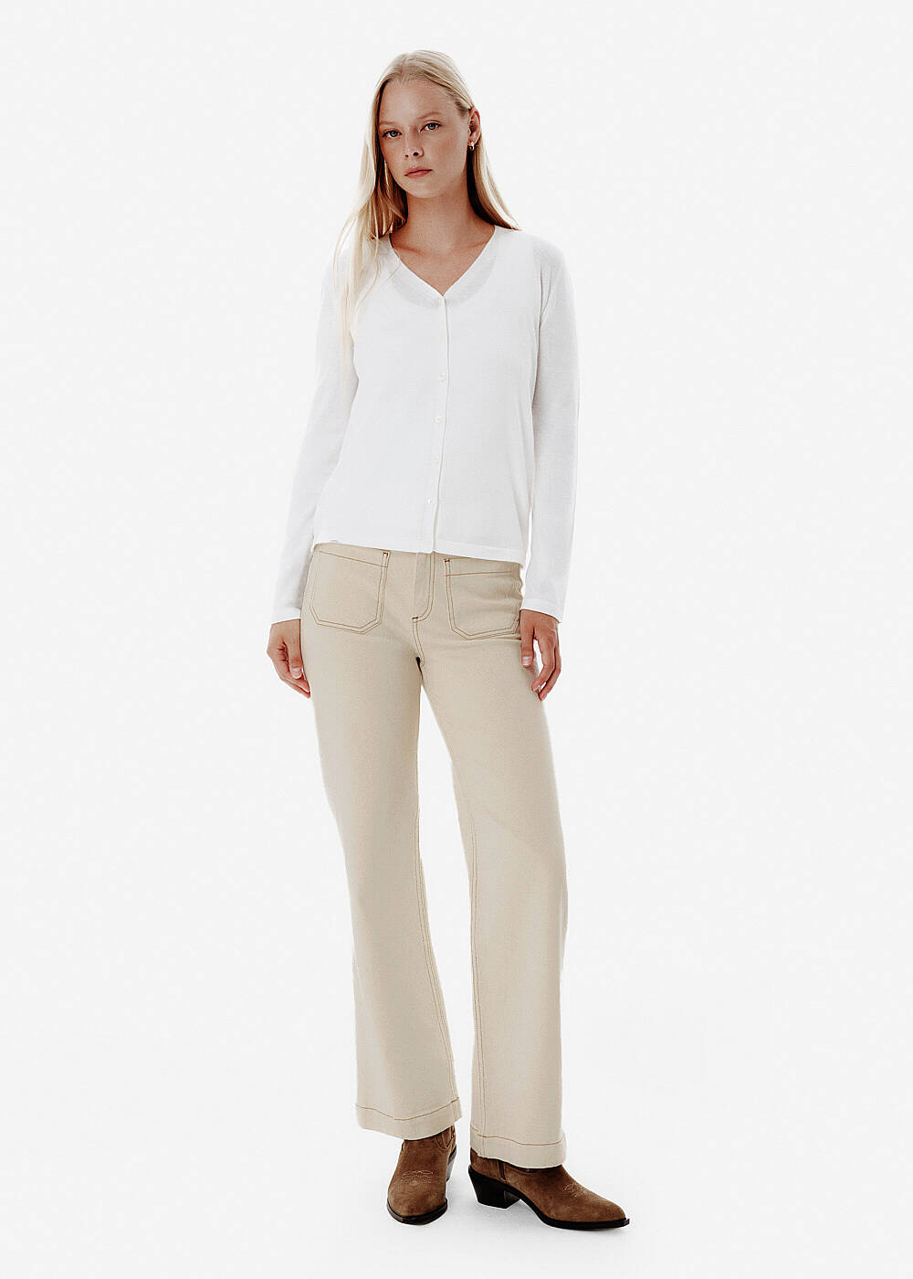 Relax Fit Pocket-Detail Beige Denim Pants - 1