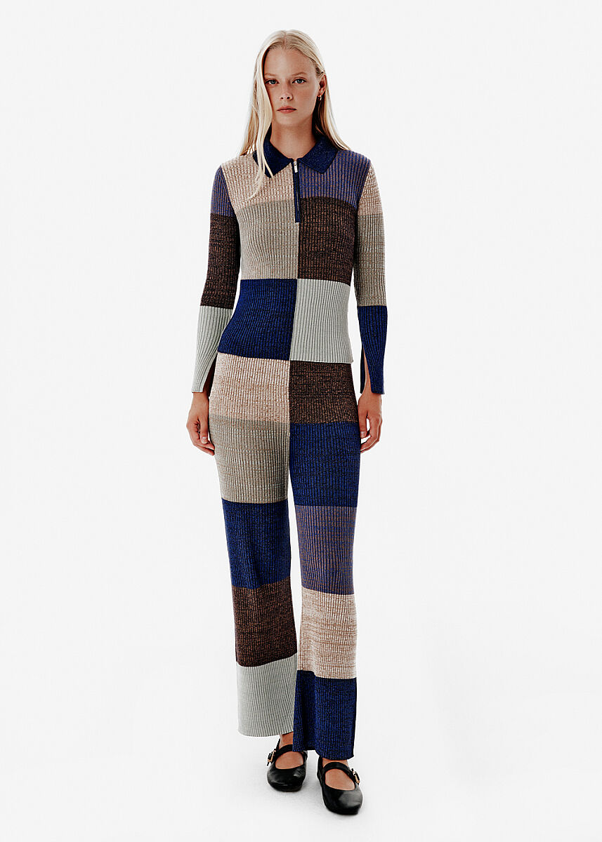 Renk Blok Geniş Paça Triko Pantolon - KNITSS