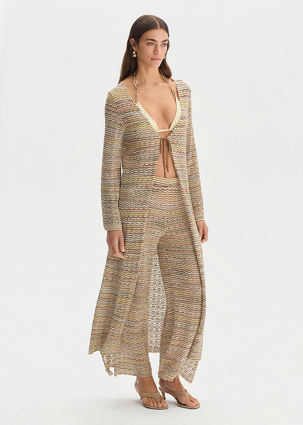 Renk Geçişli Bej Işıltılı Triko Kaftan - 2