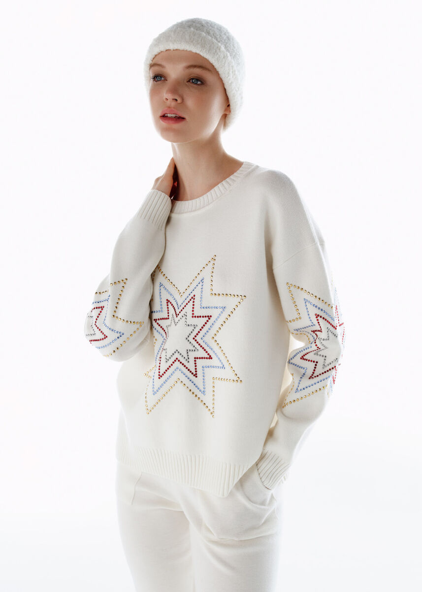 Renkli Yıldız Desenli Merino Yün Triko Ekru - KNITSS