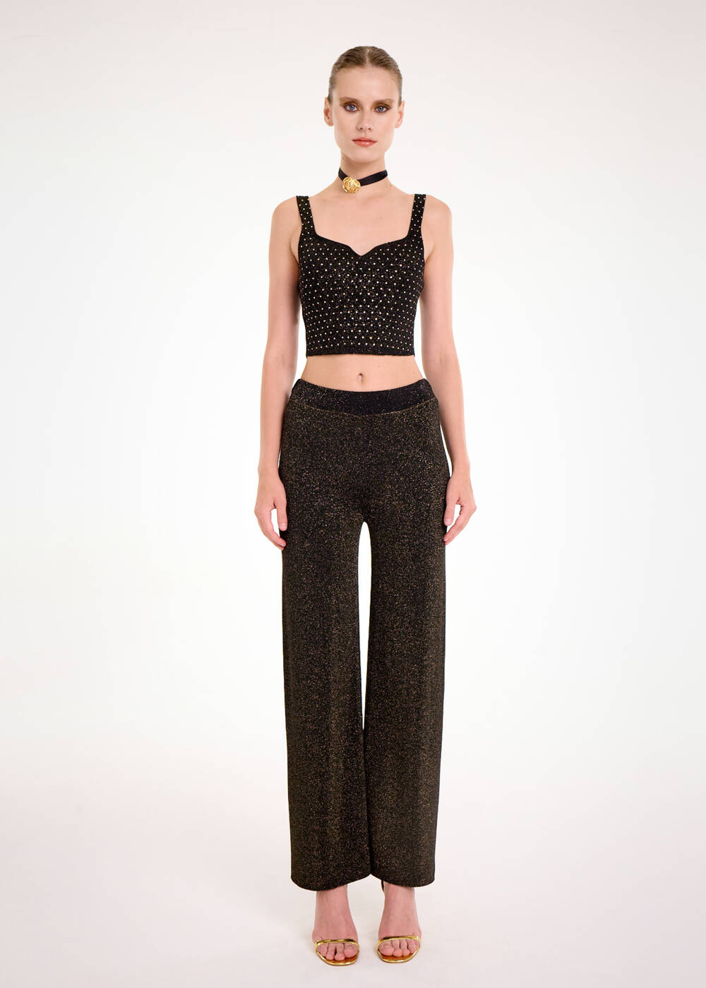 RHINESTONE DECORATED GOLD LUREX KNIT TOP - 2